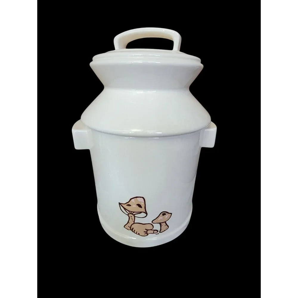 White‎ Ceramic Milk Can Style Cookie Jar Mushroom Design Handles MCM